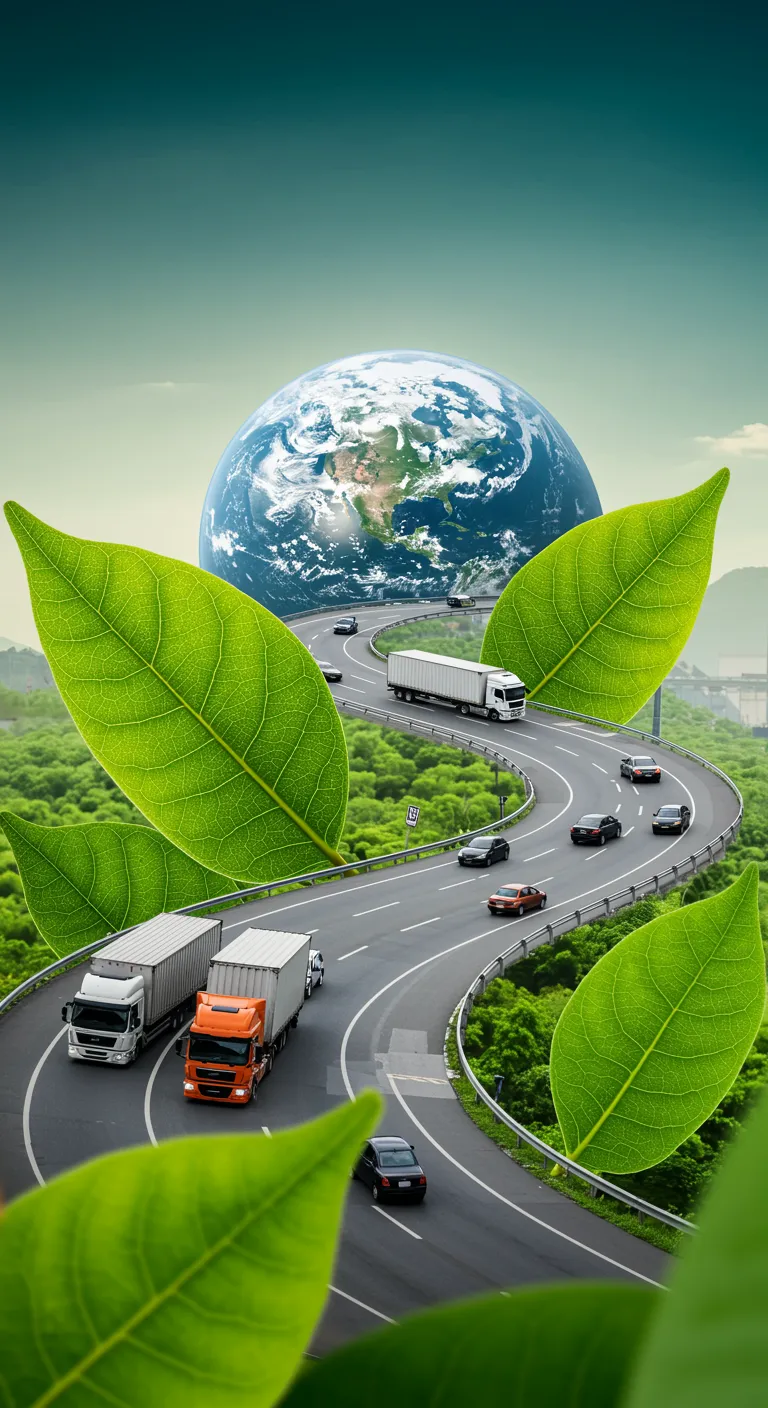imagen17 "Banner digital elegante que representa la sostenibilidad en logística con hojas verdes, carretera serpenteante y vehículos, destacando el compromiso ecológico."