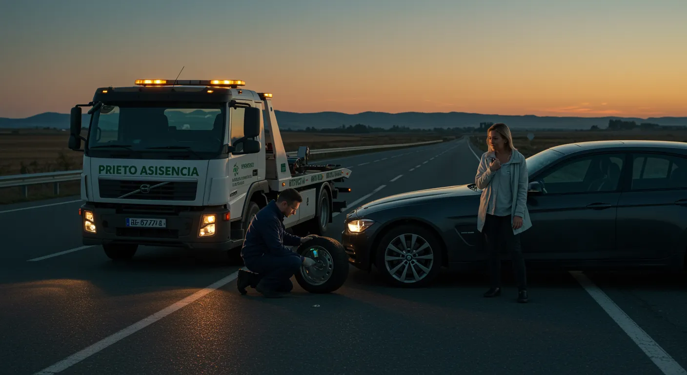 imagen26 2 "Ilustración digital fotorealista de asistencia en carretera al atardecer, mostrando un camión de remolque 'PRIETO ASISTENCIA' y un mecánico inspeccionando un neumático pinchado en una autopista tranquila."